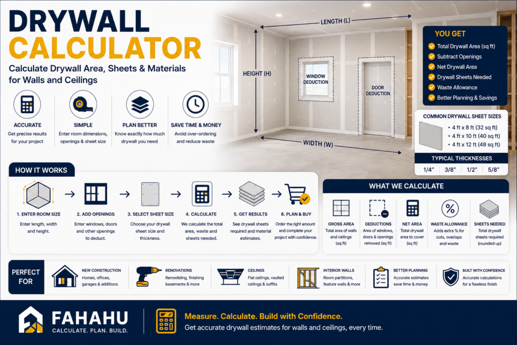 Drywall calculator for estimating drywall area, sheets and materials