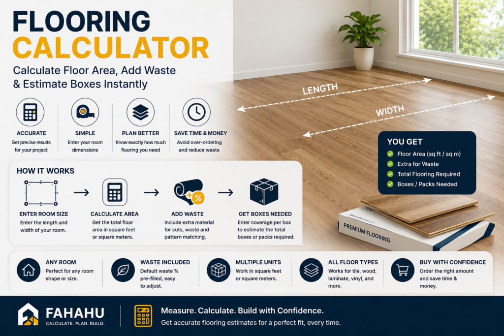 Flooring calculator for estimating floor area, waste and boxes