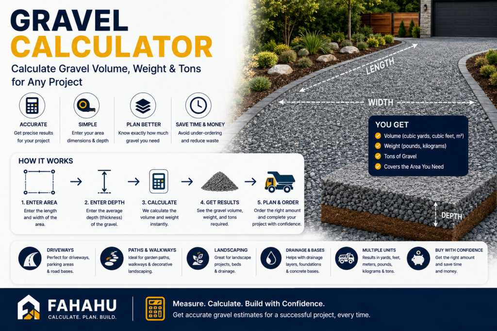 Gravel calculator for estimating volume, weight and tons