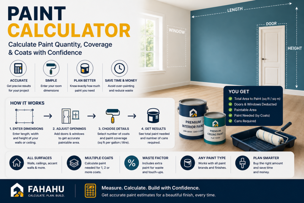 Paint calculator for estimating paint coverage and coats