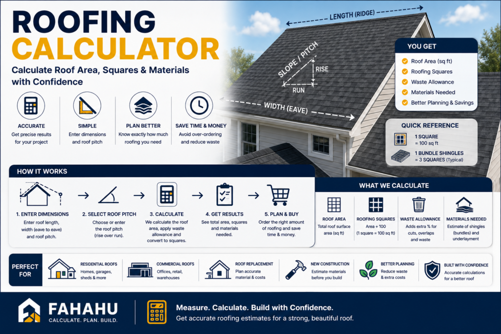 Roofing calculator for estimating roof area, squares and materials